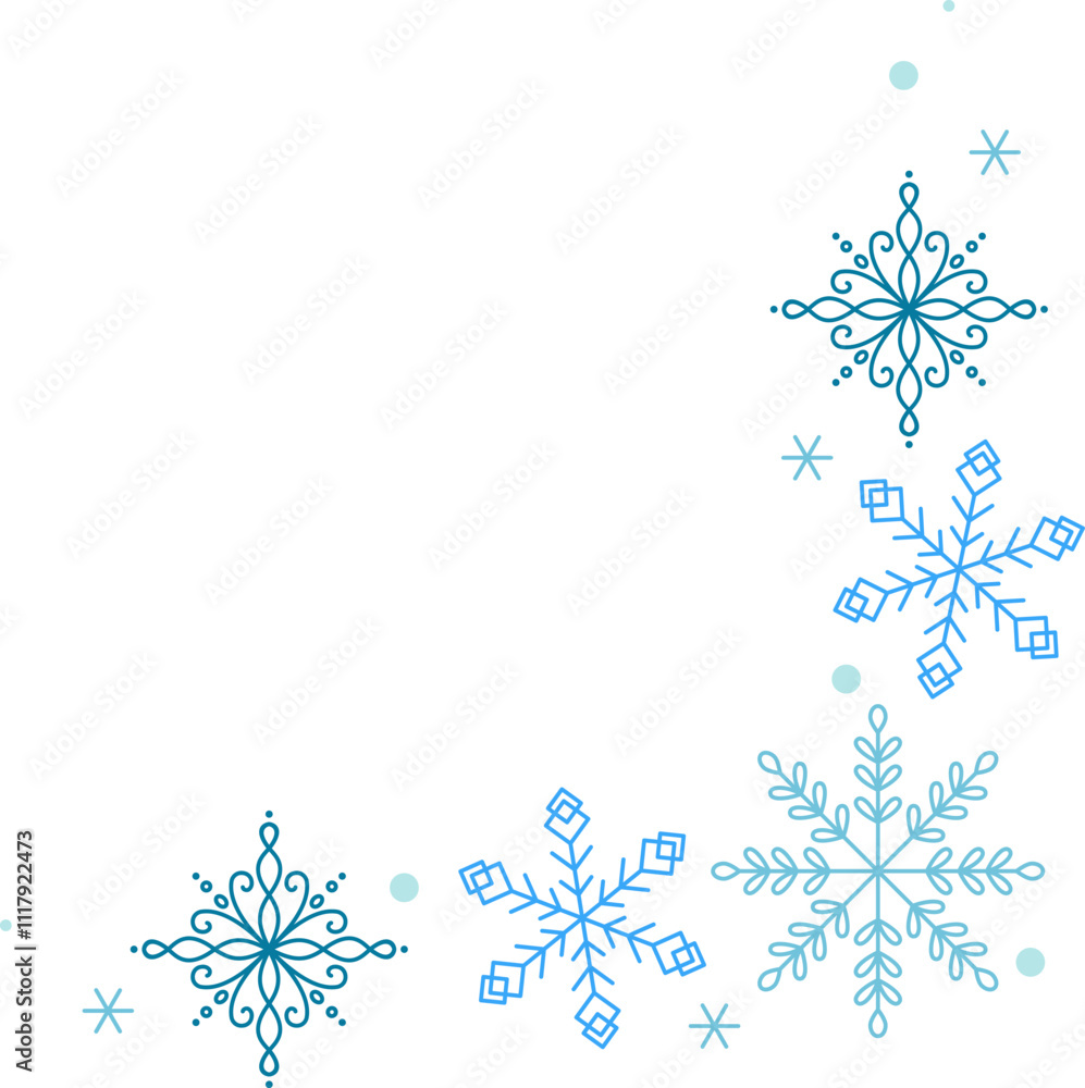 Light blue and turquoise vector snowflakes creating a winter or christmas themed border corner frame on a white background Light blue and turquoise vector snowflakes creating a winter or christmas themed border corner frame on a white background