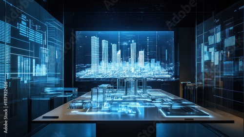 Futuristic city planning holographic display in a dark room.