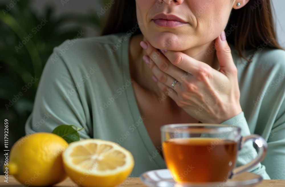 Woman with Sore Throat pain Seeking Relief with Tea, honey and Lemon