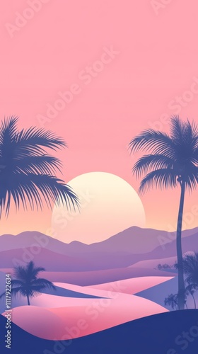 Tranquil Sunrise in the Desert: A serene desert landscape unfolds beneath a pastel sky, featuring the silhouette of palm tree and mountains bathed in the soft glow of a sunrise.