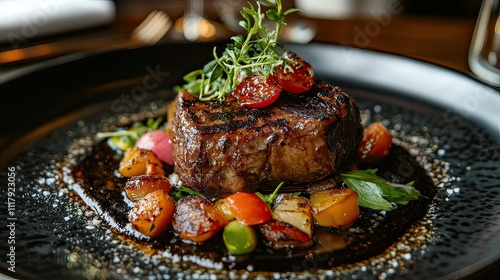 A beautifully plated steak with vegetables and herbs, showcasing gourmet culinary presentation.
