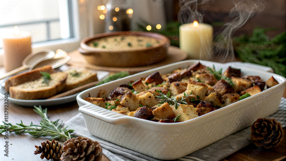 Traditional Christmas stuffing recipe with bread, herbs, and spices close-up | Homemade healthy holiday dish | 4K HD image download | Festive food photography for New Year 2025 | No people, copy space