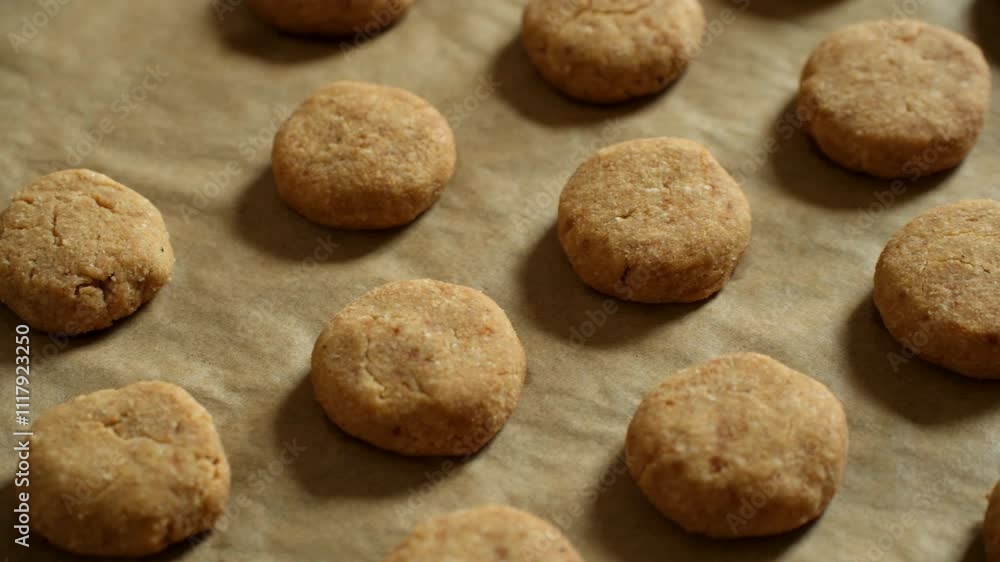 Round cookies resting on baking paper undergo a gradual color transformation as they bake in the oven, creating a delightful aroma and enticing appearance Round cookies resting on baking paper undergo a gradual color transformation as they bake in the oven, creating a delightful aroma and enticing appearance