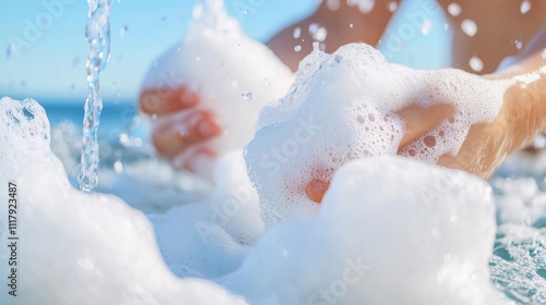 Child's hands playing with ocean foam.