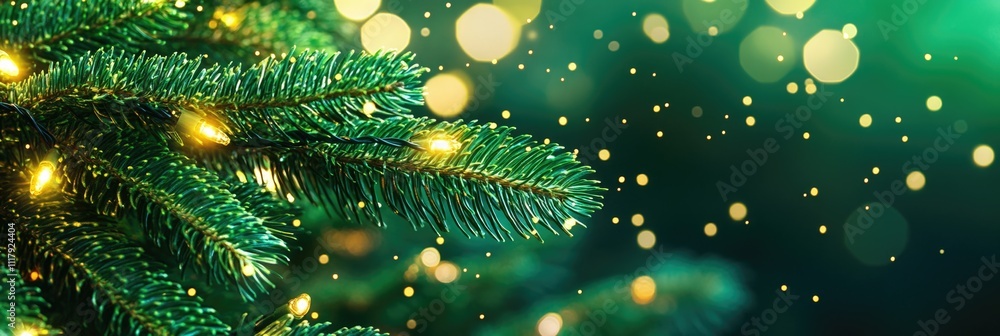 Festive christmas tree branch with glowing lights and bokeh background. Merry Christmas. Happy New Year. Festive christmas tree branch with glowing lights and bokeh background. Merry Christmas. Happy New Year.