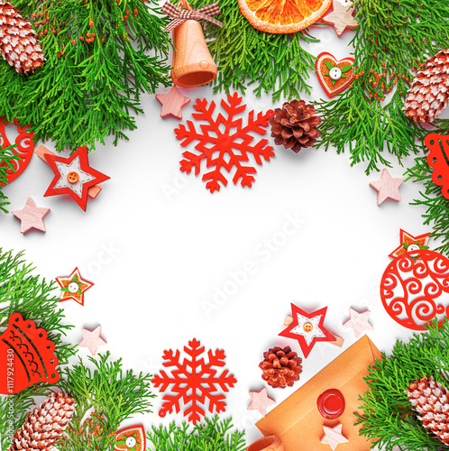 Obraz na płótnie Christmas background. Christmas eve concept. Top view of gift boxes, fir branches, toys, on white background. w salonie