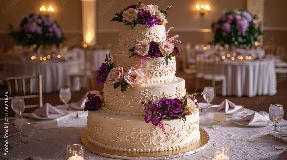 Fototapeta premium Elegant wedding cake adorned with roses and purple flowers centerpiece