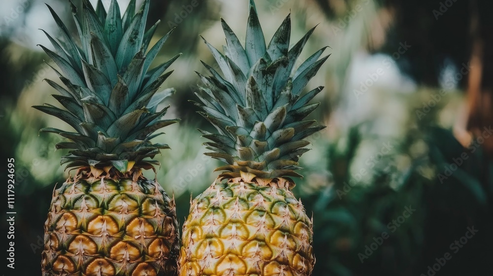 Two ripe pineapples stand side by side against a blurred background Two ripe pineapples stand side by side against a blurred background