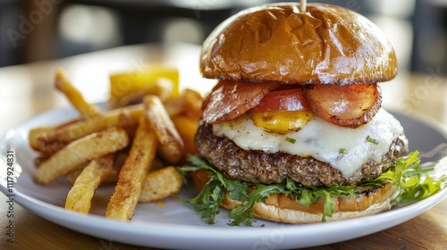 Wallpaper Mural Delicious Gourmet Burger with Bacon, Cheese, and Fries on Plate Torontodigital.ca