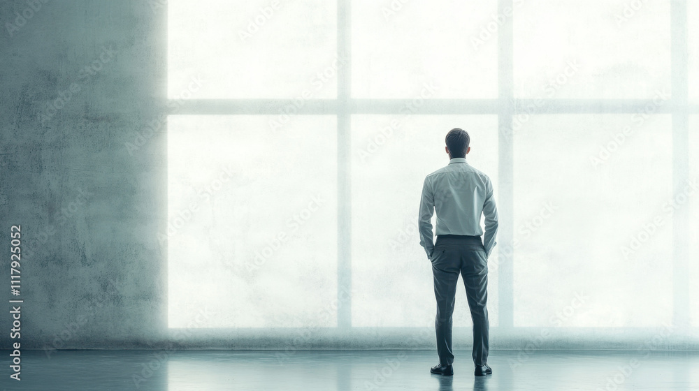 Fototapeta premium A contemplative man stands alone in a vast, minimalistic space with a large window, bathed in soft natural light, suggesting introspection and solitude.