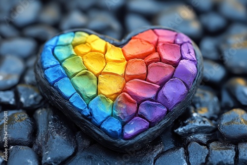 A colorful heart-shaped stone with a rainbow pattern on a dark, textured background. photo