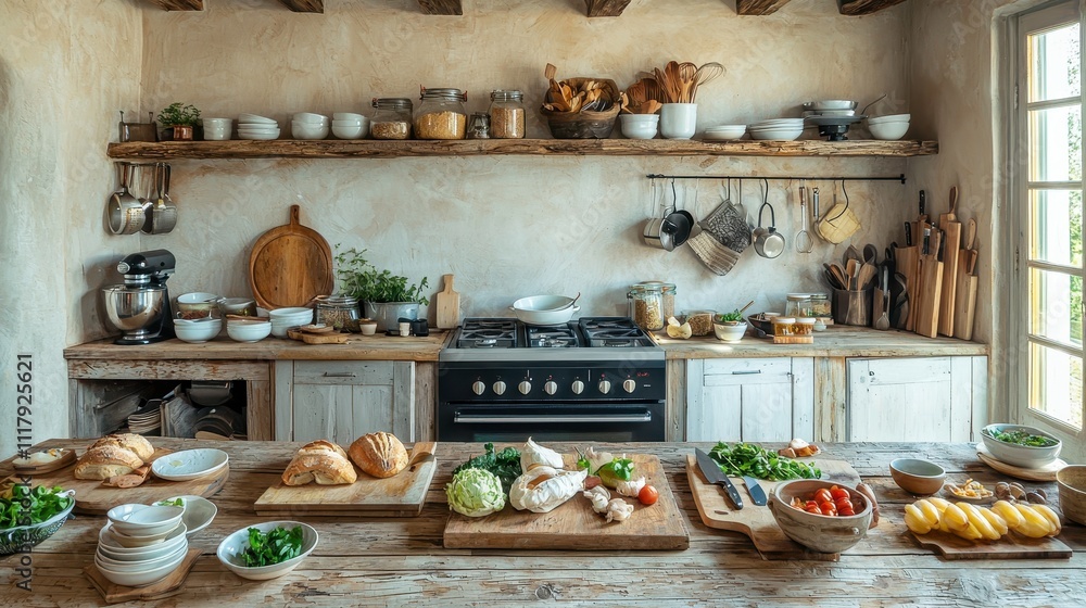 Rustic Kitchen with Fresh Ingredients and Cozy Atmosphere in Daylight Rustic Kitchen with Fresh Ingredients and Cozy Atmosphere in Daylight