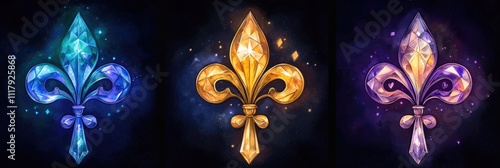 Colorful gemstone fleur-de-lis symbols in blue, gold, and purple against cosmic background. Happy Mardi Gras