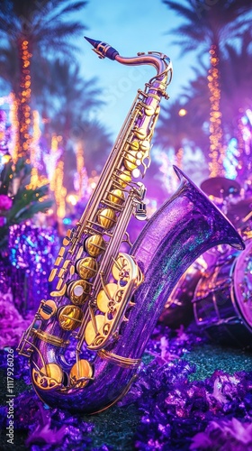 Sparkling purple saxophone amid glowing neon lights and palm trees. Happy Mardi Gras