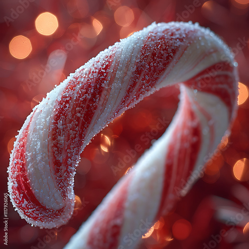 Close-Up of a Frosted Candy Cane with Swirling Red and White Stripes Against a Sparkling Red Background, Perfect for Holiday Celebrations and Festive Themes
