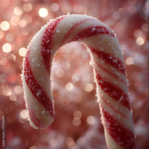 Close-Up of a Frosted Candy Cane with Swirling Red and White Stripes Against a Soft Blurred Background Featuring Bokeh Lights