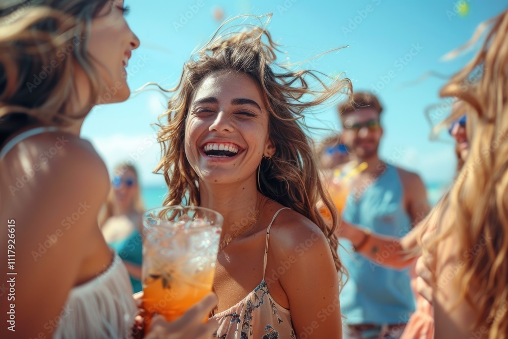 Joyful Young Woman at Sunny Beach Party with Friends