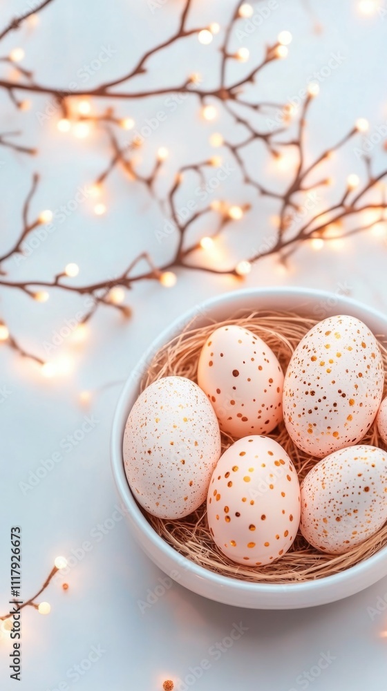 Festive speckled easter eggs in nest with twinkling lights. Happy Easter Festive speckled easter eggs in nest with twinkling lights. Happy Easter