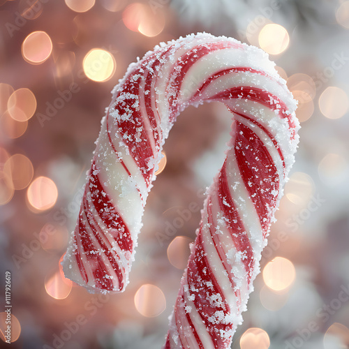 Close-Up of a Frosted Candy Cane with Swirling Red and White Stripes Against a Soft Blurry Background of Holiday Lights