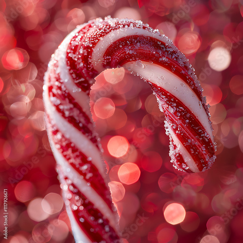 Close-Up of a Frosted Candy Cane with Swirling Red and White Stripes Against a Shimmering Red Background, Perfect for Holiday Celebrations and Seasonal Themes