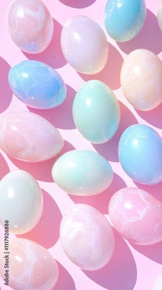Pastel-colored easter eggs on pink background in soft sunlight. Happy Easter Pastel-colored easter eggs on pink background in soft sunlight. Happy Easter