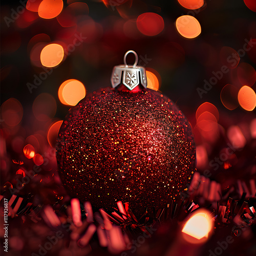Close-Up View of a Glittering Red Christmas Ornament Surrounded by Dazzling Bokeh Lights, Capturing the Essence of Festive Cheer and Holiday Spirit