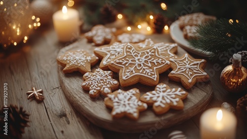 Star-Shaped Gingerbread Cookies with White Frosting and Snowflake Designs on a Wooden Board