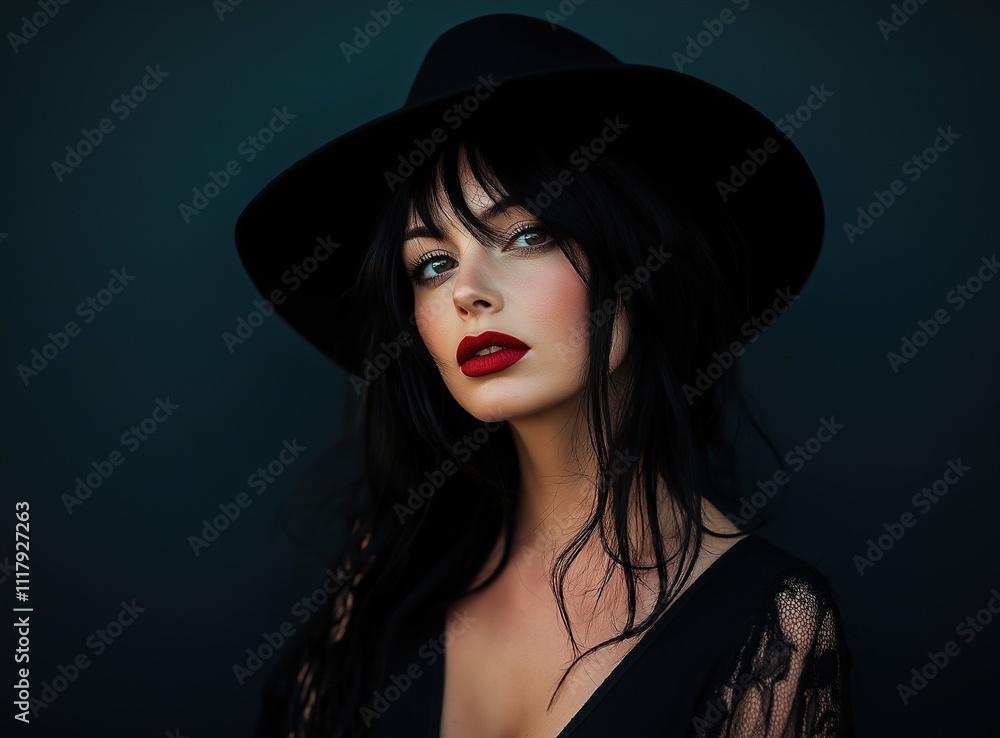Elegant Lady in Long Black Dress and Hat. Fashion Woman in evening Luxury Gown with Slit over White. Mysterious Beautiful Girl 