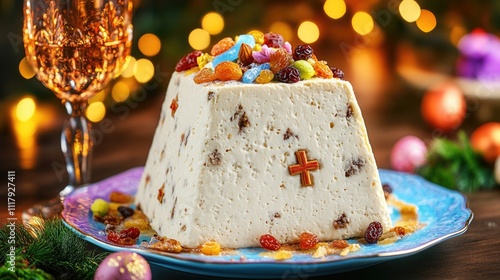 Festive paskha dessert with dried fruits on blue plate. Happy easter