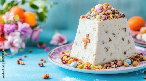 Festive russian easter dessert paskha with dried fruits and colorful candy eggs. Happy easter