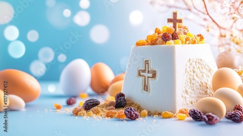 Traditional easter desserts with raisins and eggs on blue background. Happy easter