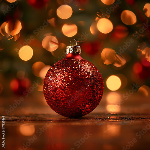 Close-Up of a Glittering Red Christmas Ornament Against a Soft Background of Warm Lights, Capturing the Essence of Holiday Cheer and Festivity
