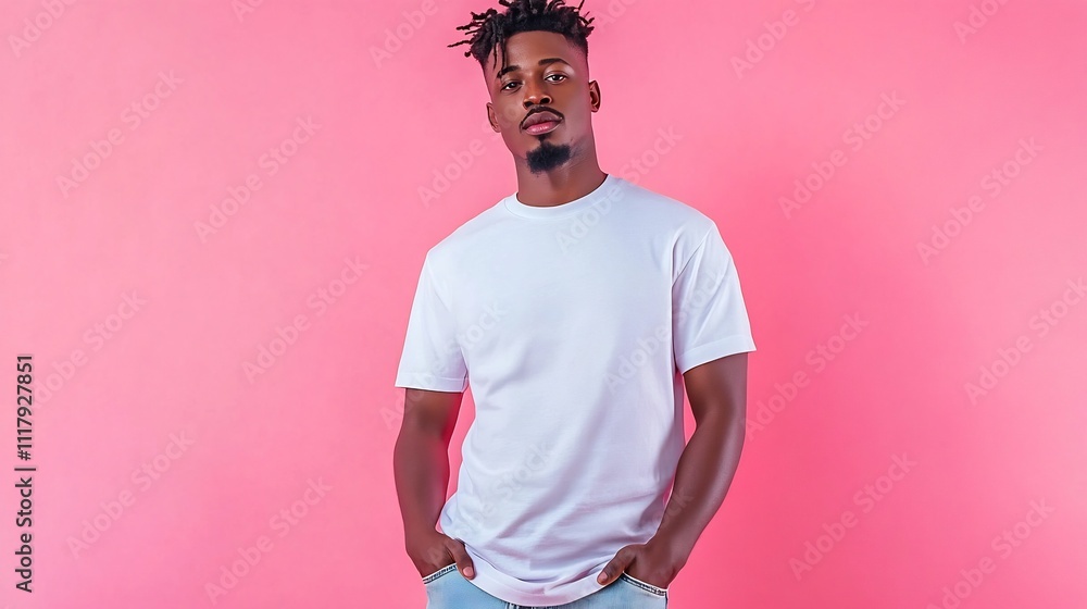 Casual Chic Man in White Tee and Jeans Poses on Pastel Pink Background Casual Chic Man in White Tee and Jeans Poses on Pastel Pink Background