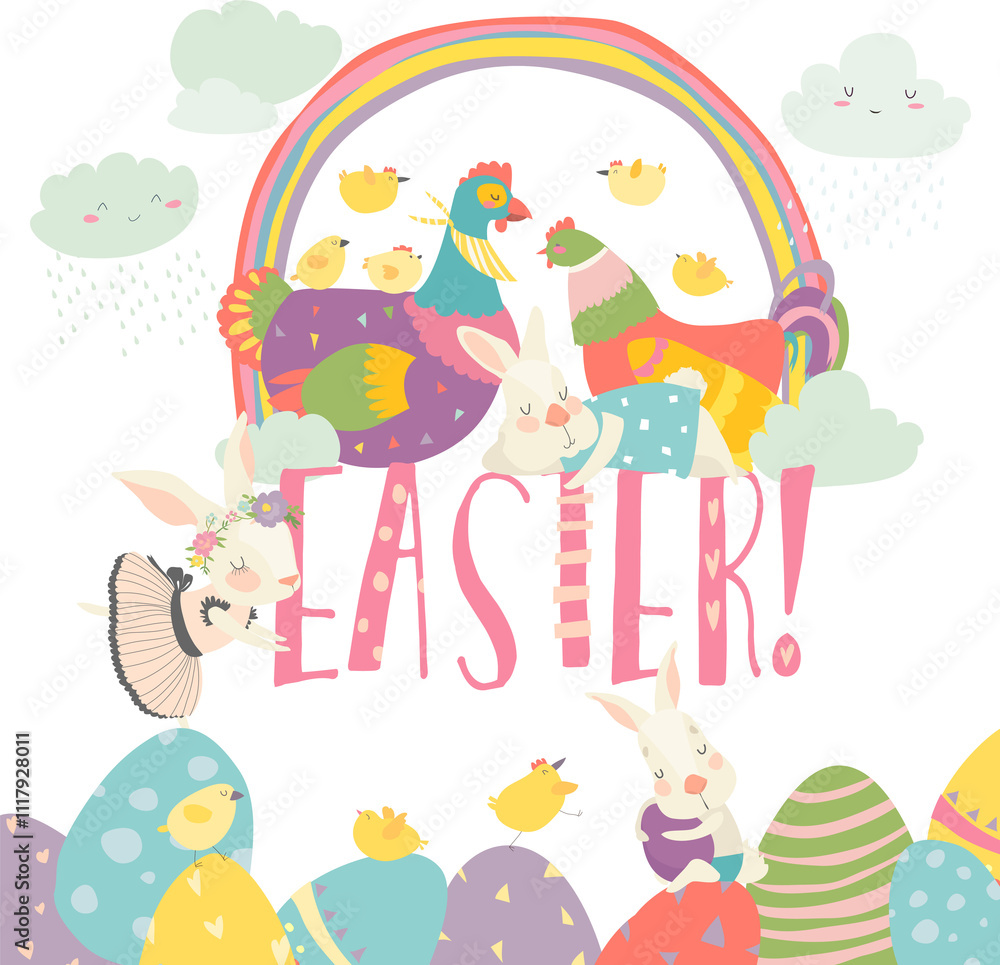 Naklejka premium Vector cartoon illustration of cute chick and bunny with Easter eggs