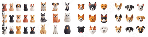 Cute pet icons representing various dog breeds and styles, perfect for pet lovers, isolated on transparent background.