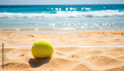 Fototapeta Naklejka Na Ścianę i Meble -  Beach Tennis Ball on Sandy Shore with Ocean View