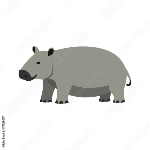 Flat Vector Tapir Illustration, Stylized Cartoon Design with Soft Gray Body and Short Trunk, Minimalist Aesthetic