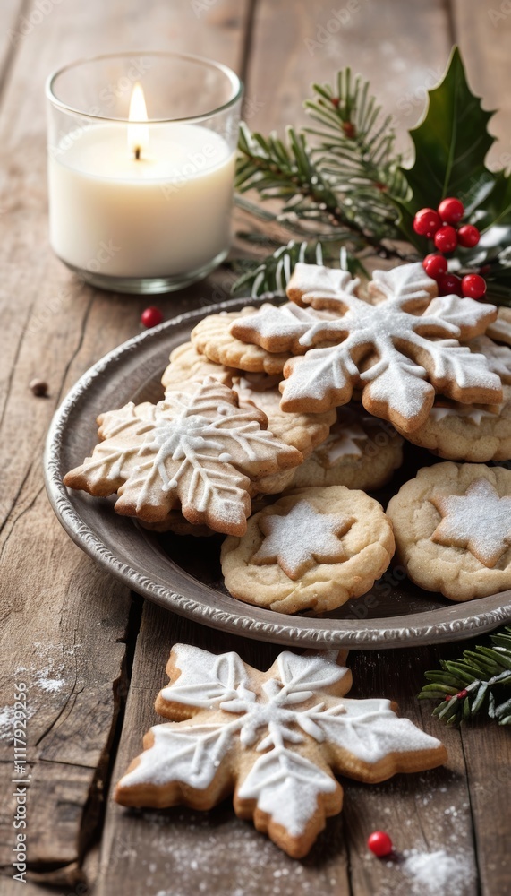 image with copy space area of cookies with Christmas decorations and colors for the holiday.