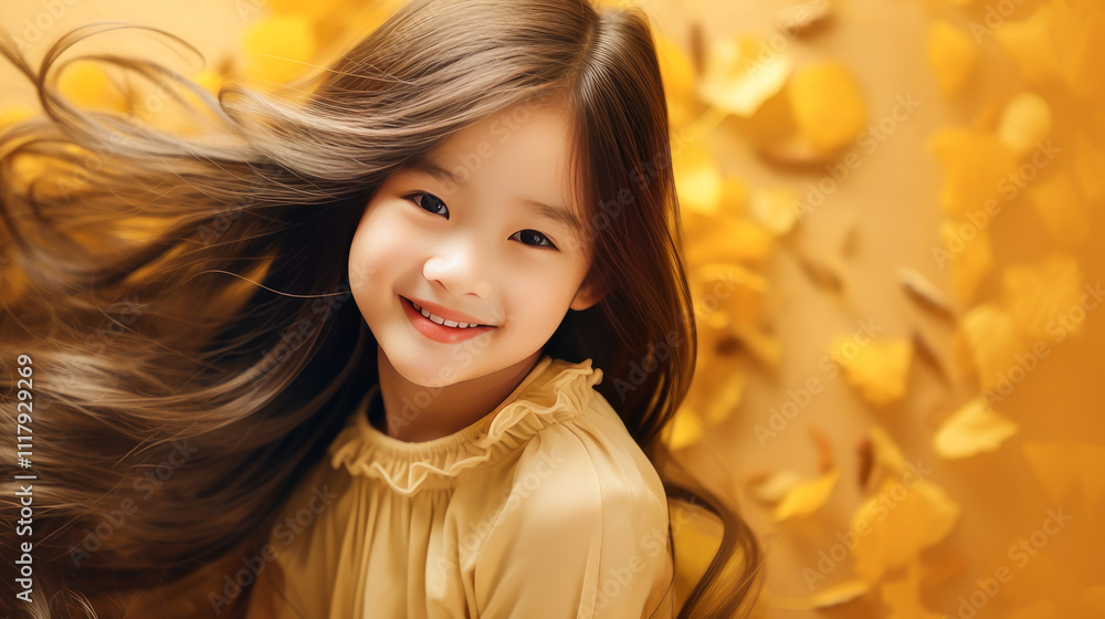 Fototapeta premium Portrait of smiling asian girl child with long white hair golden background.