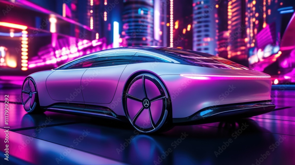 Futuristic Electric Car in Neon Cityscape Futuristic Electric Car in Neon Cityscape