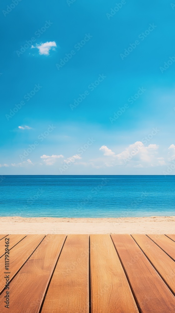 Fototapeta premium Serene Beachscape: A captivating view of an expansive, tranquil beach with a foreground of warm wooden planks leads the eye to a meeting of ocean and sky. Capturing the idyllic beauty of nature.