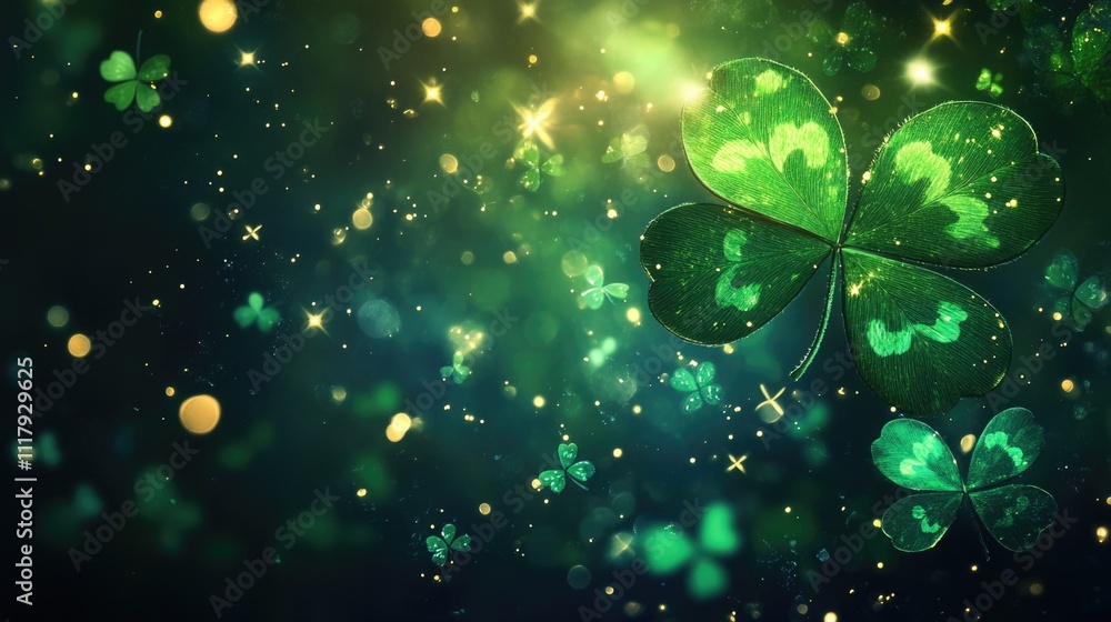 Luminous green four-leaf clovers amidst sparkling night sky. Happy St. Patrick's Day. Saint Patrick Luminous green four-leaf clovers amidst sparkling night sky. Happy St. Patrick's Day. Saint Patrick