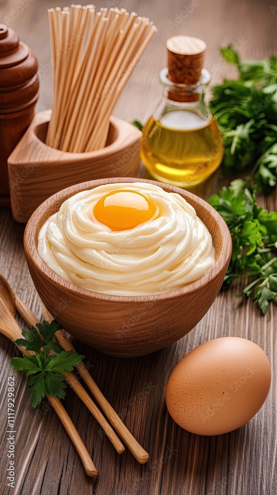Close-up view of creamy mayonnaise made with fresh oil and egg, presented in a white bowl on a rustic wooden surface Close-up view of creamy mayonnaise made with fresh oil and egg, presented in a white bowl on a rustic wooden surface