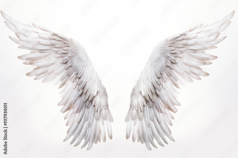 A serene pair of angel wings with a subtle iridescent sheen, appearing almost luminescent. The wings are beautifully symmetrical, embodying purity and peace A serene pair of angel wings with a subtle iridescent sheen, appearing almost luminescent. The wings are beautifully symmetrical, embodying purity and peace
