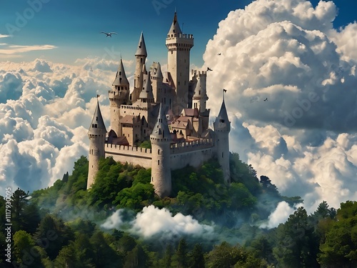 Wallpaper Mural Majestic Castle Atop Lush Green Mountain Enveloped In Clouds Torontodigital.ca