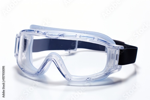 A set of safety goggles with an anti-fog coating, resting on a textured surface. The goggles feature a clear lens and comfortable padding around the edges photo