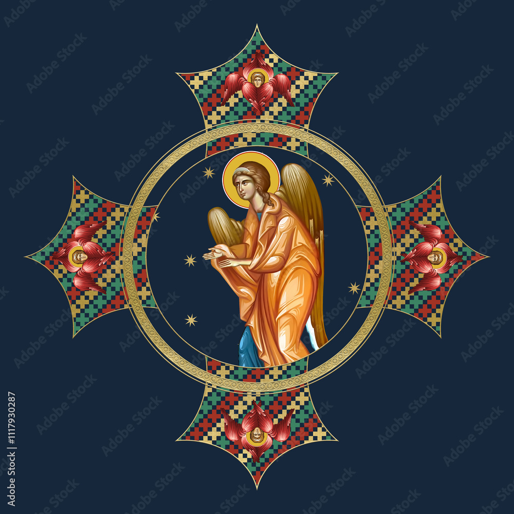 Naklejka premium Religious decorative cross with Angel in yellow cloth. Illustration in Byzantine style on deep blue background