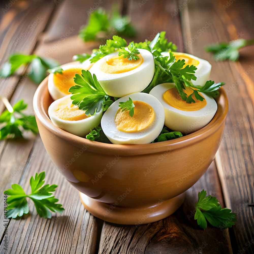 boiled eggs in a bowl decorated with parsley leave boiled eggs in a bowl decorated with parsley leave