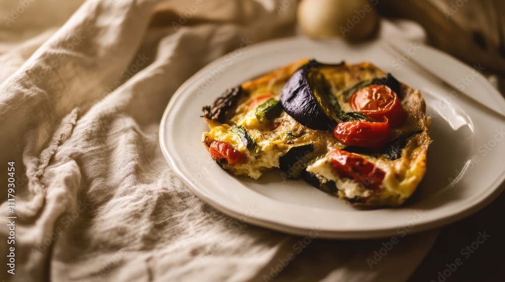 Close-up of a rustic Italian frittata with roasted vegetables, cherry tomatoes, zucchini, and Parmesan cheese served on a white ceramic plate with a linen napkin, homemade style Close-up of a rustic Italian frittata with roasted vegetables, cherry tomatoes, zucchini, and Parmesan cheese served on a white ceramic plate with a linen napkin, homemade style