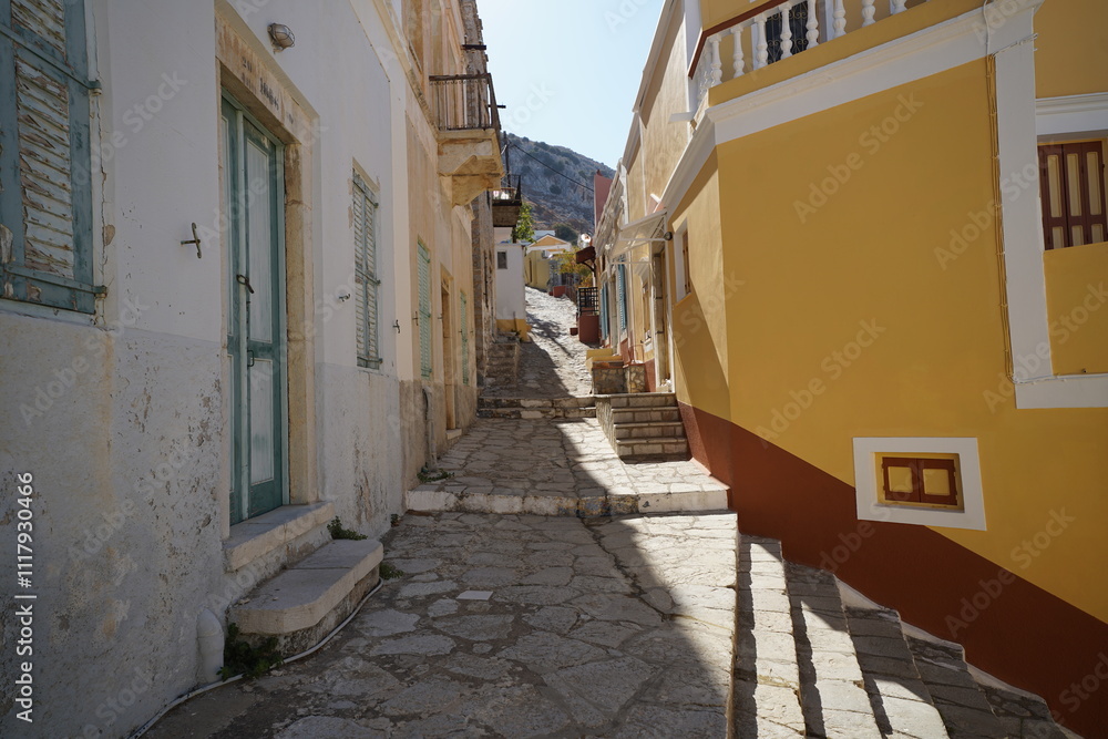 picturesque streets and colorful facades of Symi island picturesque streets and colorful facades of Symi island